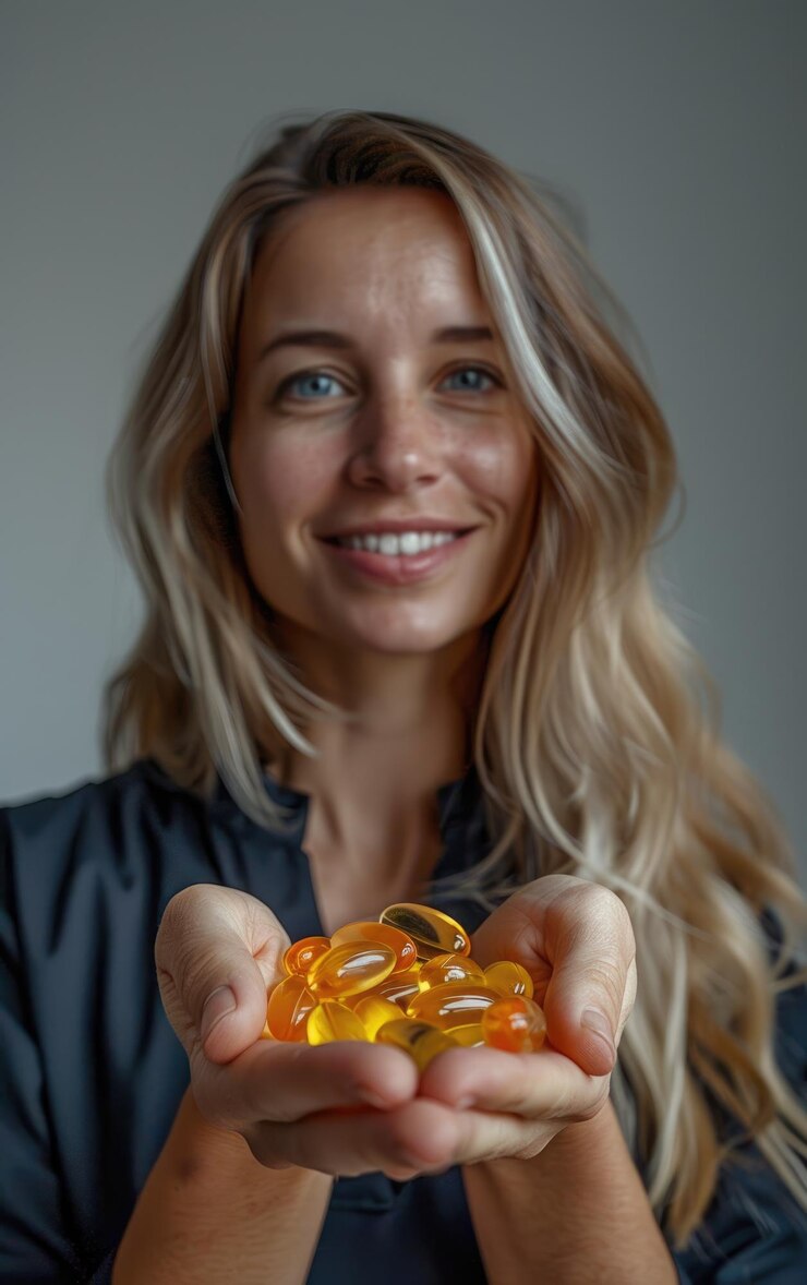 Retrato de una mujer gorda sonriendo y sosteniendo pastillas de vitaminas