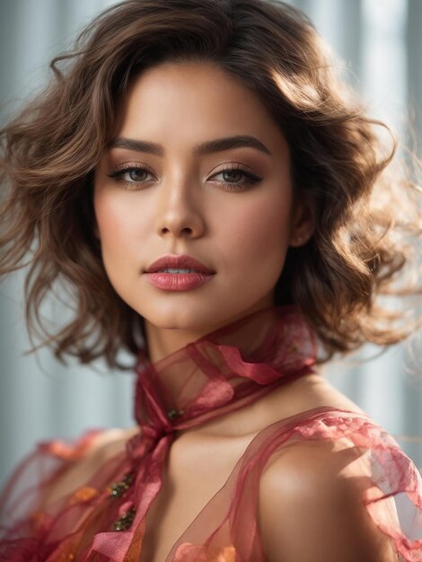 Retrato de una mujer graciosa con un exquisito vestido de organza