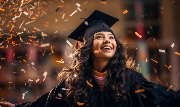 Retrato de una mujer graduada celebrando con confeti cayendo