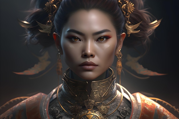 Retrato de mujer guerrera con ropa asiática generativa ai