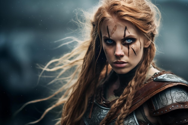 Retrato de una mujer guerrera vikinga con armadura IA generativa