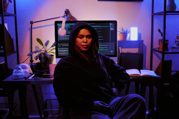 Foto retrato de una mujer hacker vestida con una capucha negra sonriendo ligeramente mesa con cosas personales de la computadora