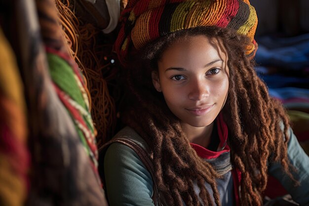 Foto retrato de una mujer haitiana en una escena de la vida diaria