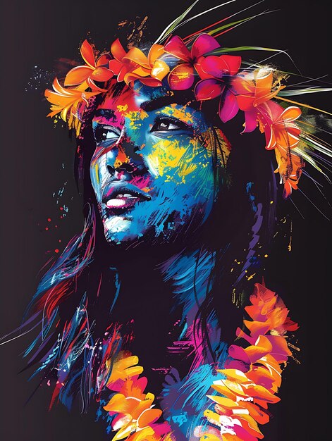 Retrato de una mujer hawaiana con un Lei tradicional y una camiseta Gras Diseño de arte de tatuaje Marcos de tinta