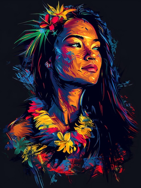 Retrato de una mujer hawaiana con un Lei tradicional y una camiseta Gras Diseño de arte de tatuaje Marcos de tinta