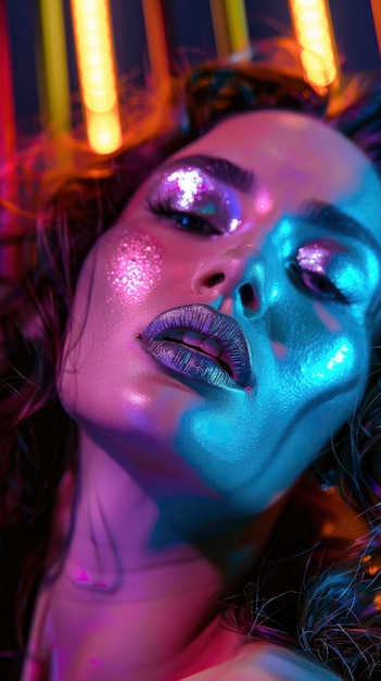Foto retrato de mujer hermosa de alta moda con labios de color plateado metálico