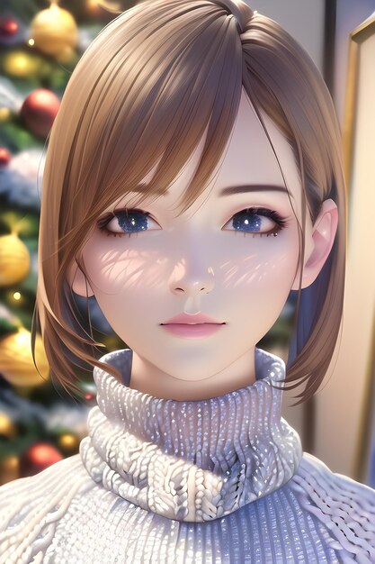 Retrato de mujer hermosa en árbol de navidad de invierno en ilustración de pintura digital de estilo anime