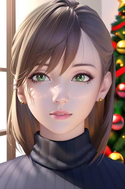 Retrato de mujer hermosa en árbol de navidad de invierno en ilustración de pintura digital de estilo anime