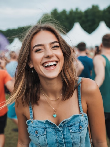 Retrato de una mujer hermosa, atractiva y sexy divirtiéndose en un festival de música.