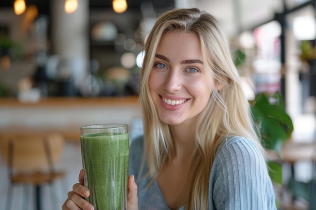 Retrato de una mujer hermosa con un batido verde en un café moderno sonriendo y mirando a la cámara