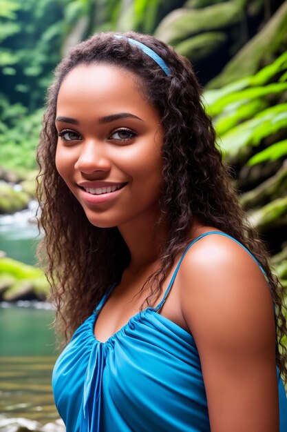 Retrato de una mujer hermosa en bikini en el océano con el telón de fondo de las palmeras La niña mira directamente al marco en la playa IA generativa