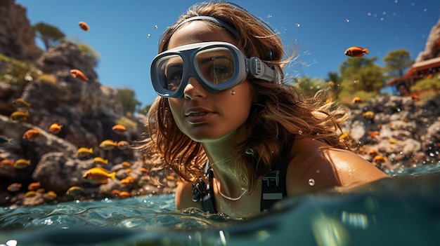 Foto retrato de mujer hermosa con buzo submarino