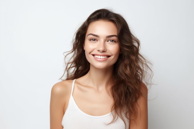 retrato de una mujer hermosa con el cabello largo y marrón y una camisa blanca