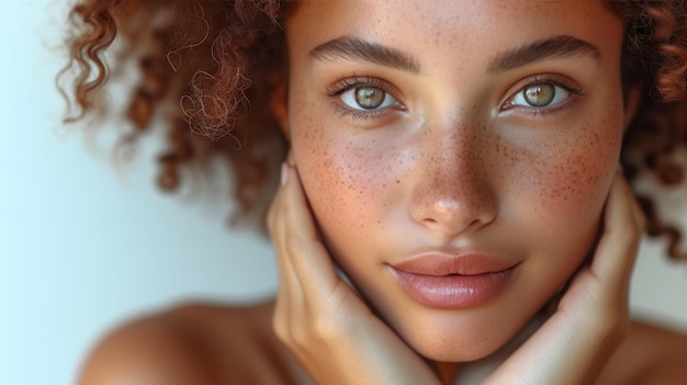 Foto retrato de una mujer hermosa con cabello rizado y pecas belleza natural cuidado de la piel bienestar