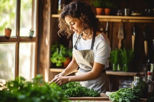 Foto retrato de una mujer hermosa cocinando con perejil fresco añadiendo hierbas mientras hace ensalada saludable