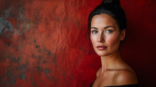 Retrato de mujer hermosa contra la pared roja