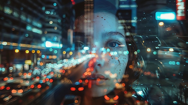 retrato de mujer hermosa en exposición efecto de la ciudad reflejo del paisaje urbano