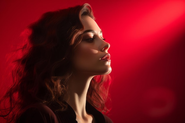 retrato de mujer hermosa con fondo de luz roja