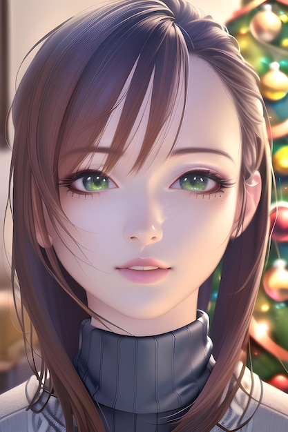 Retrato de mujer hermosa frente al árbol de navidad de invierno en ilustración de pintura digital de estilo anime