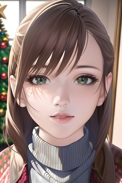 Retrato de mujer hermosa frente al árbol de navidad de invierno en ilustración de pintura digital de estilo anime