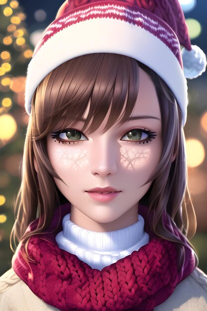 Retrato de mujer hermosa frente a un árbol de navidad de invierno Bufanda de sombrero de lana de cuello alto de punto en ilustración de pintura digital de estilo anime