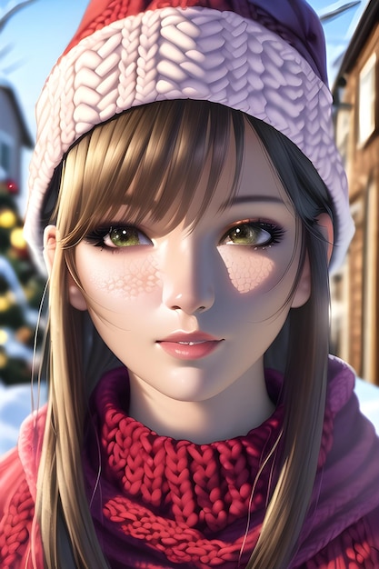 Retrato de mujer hermosa frente a un árbol de navidad de invierno Bufanda de sombrero de lana de cuello alto de punto en ilustración de pintura digital de estilo anime