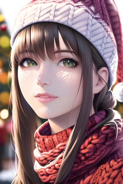 Retrato de mujer hermosa frente a un árbol de navidad de invierno Bufanda de sombrero de lana de cuello alto de punto en ilustración de pintura digital de estilo anime