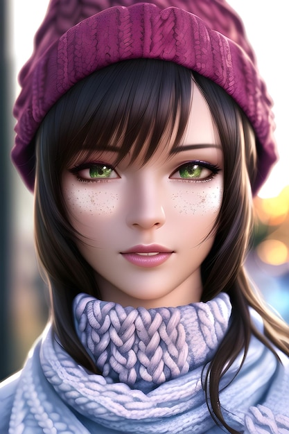 Retrato de mujer hermosa frente a un árbol de navidad de invierno Bufanda de sombrero de lana de cuello alto de punto en ilustración de pintura digital de estilo anime