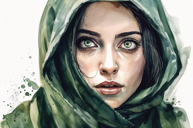 Retrato de una mujer hermosa con un hiyab verde o una bufanda que cubre su cabello Pintura de acuarela