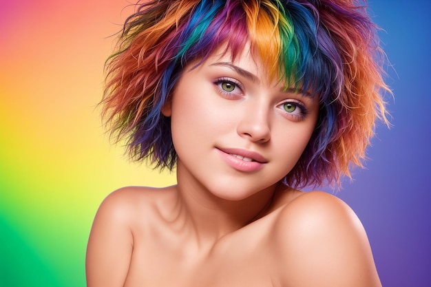 Retrato de una mujer hermosa con los hombros desnudos y el cabello teñido con hebras multicolores IA generativa