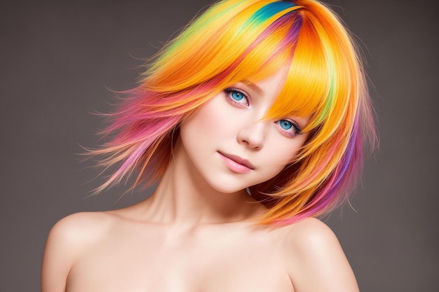 Retrato de una mujer hermosa con los hombros desnudos y el cabello teñido con hebras multicolores IA generativa