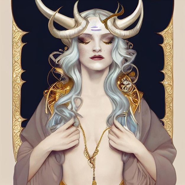 Retrato de mujer hermosa con ilustración de adornos dorados
