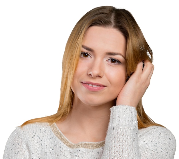 Retrato de mujer hermosa joven sonriente feliz