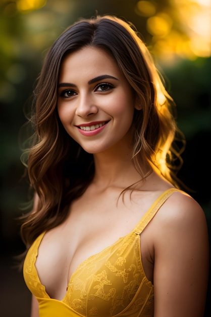 Un retrato de una mujer hermosa joven en un vestido amarillo en la naturaleza