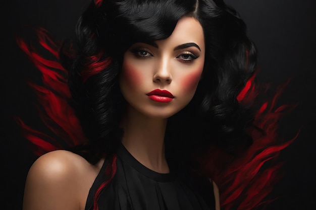 Retrato de una mujer hermosa con labios rojos y cabello largo y rizado sobre un fondo negro