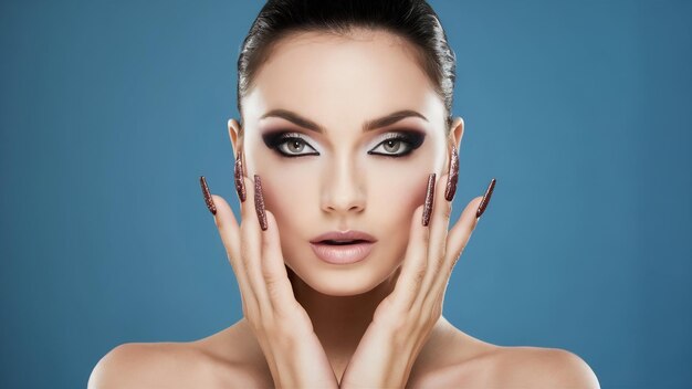 Retrato de una mujer hermosa con maquillaje artístico en estilo glamuroso uñas largas creativas en una espalda azul