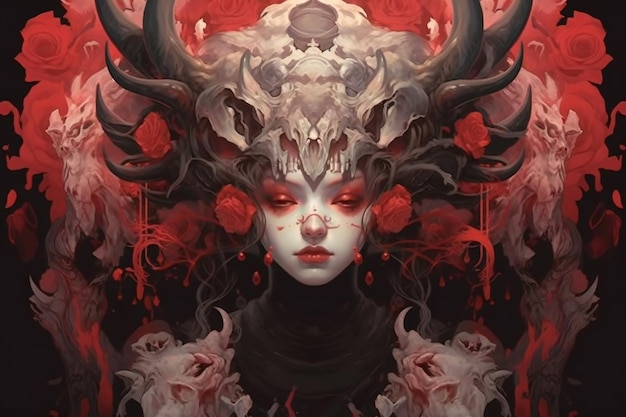 Retrato de una mujer hermosa con una máscara del diablo y flores