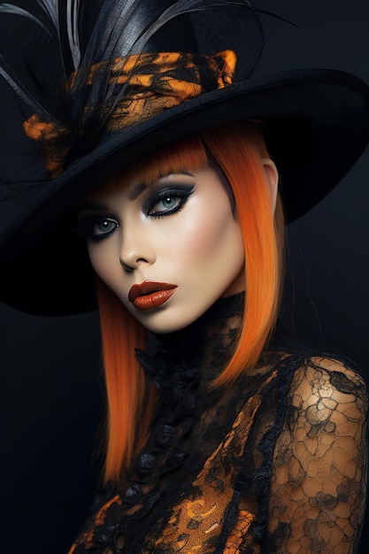 Retrato de una mujer hermosa pelirroja con sombrero negro Halloween