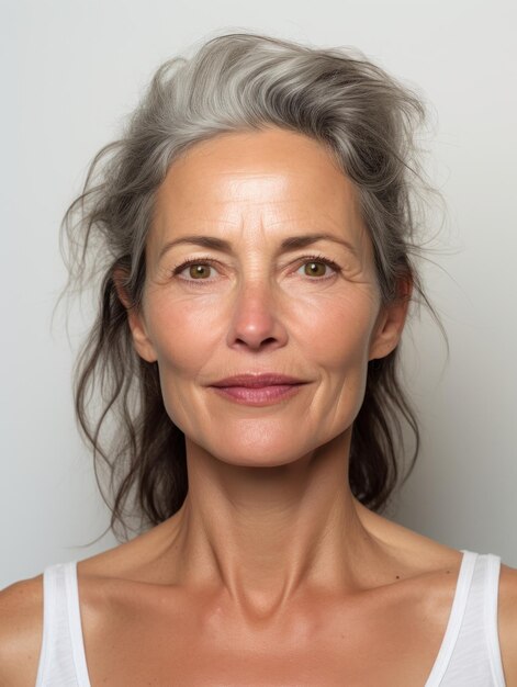 Retrato de una mujer hermosa piel limpia y natural cara cosmética cabellos blancos grises