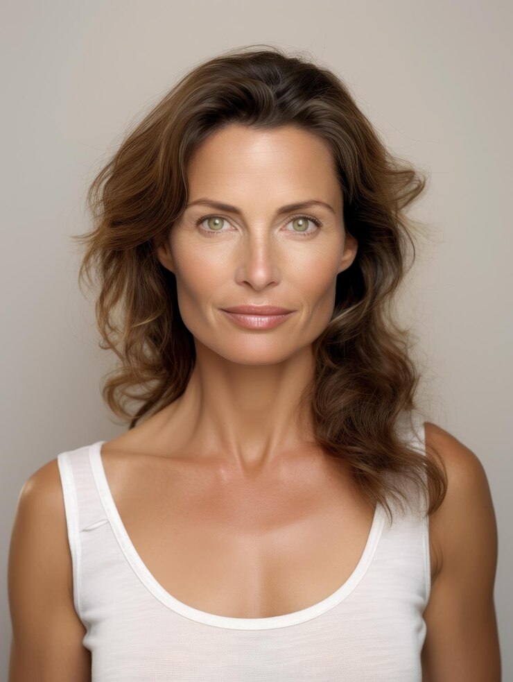 Retrato de una mujer hermosa piel limpia y natural cara cosméticos cabellos marrones