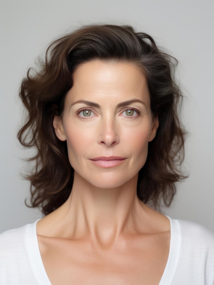 Retrato de una mujer hermosa piel limpia y natural cara cosméticos cabellos marrones