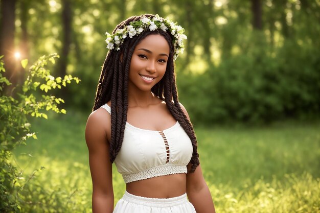 Retrato de una mujer hermosa en ropa de verano con una corona de flores en la cabeza contra el telón de fondo de la naturaleza IA generativa