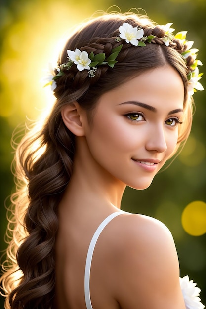 Retrato de una mujer hermosa en ropa de verano con una corona de flores en la cabeza IA generativa