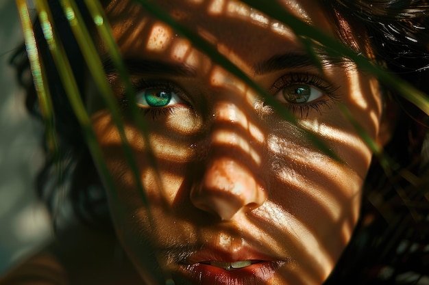 Retrato de una mujer hermosa con sombras de hojas de palma en su cara