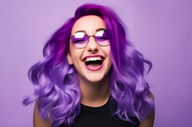 Retrato de una mujer hermosa con una sonrisa traviesa y un cabello violeta vibrante