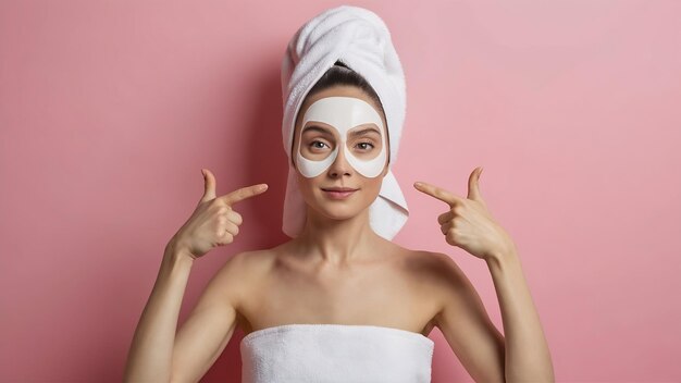 Foto retrato de mujer hermosa tiene puntos de piel fresca en las mejillas tiene parches de hidrogel debajo de los ojos appl