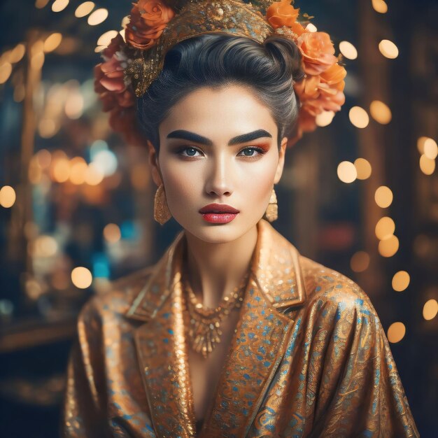 Retrato de mujer hermosa con vestido dorado