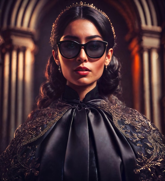Retrato de mujer hermosa en vestido negro con IA generativa de luz