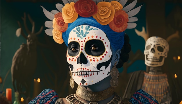 Retrato de una mujer con hermosos disfraces del Día de los Muertos y maquillaje de calavera