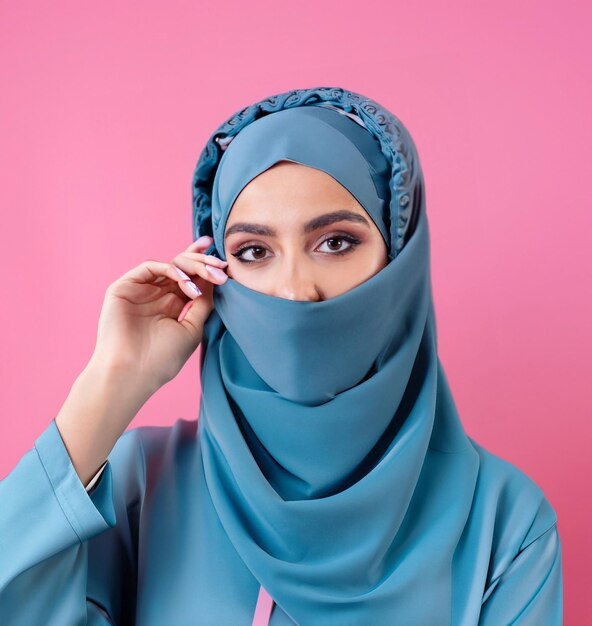 retrato de una mujer con hijab en fondo rosa